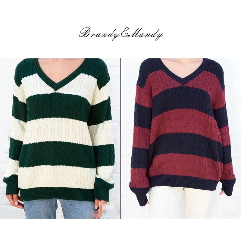 

Brandy Mandy Sweaters Women Vintage Autumn Winter Knitted Oversize Loose Long Sleev V Neck Strip Pullover Sweater Women Sweaters