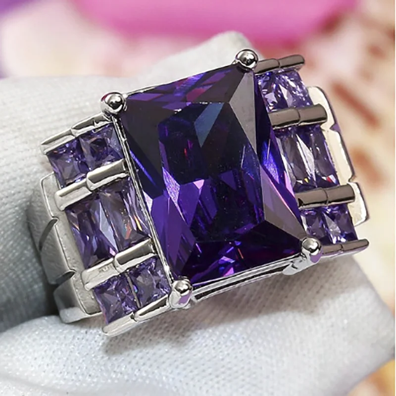 

Milangirl Elegant Silver Color Purple Rectangular Crystal Rhinestone ZIrcon Female Metal Ring for Women Party Jewelry Size 5-10