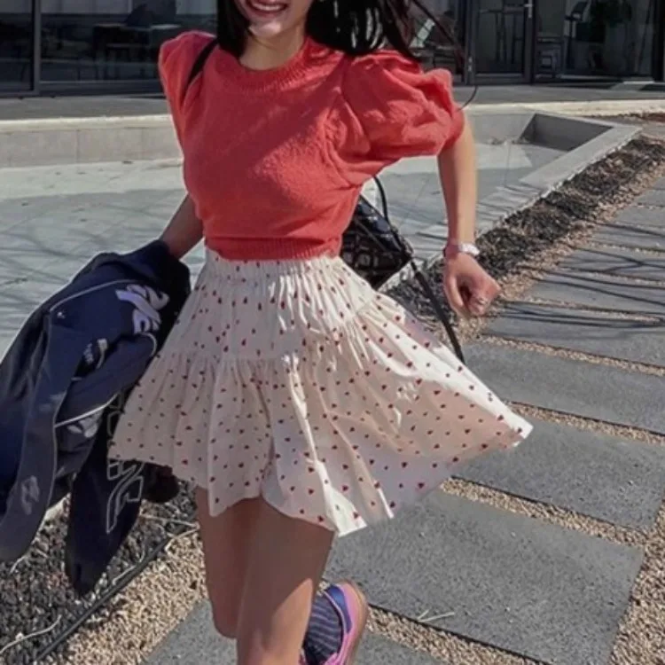 Женская юбка с принтом в виде сердечек Simle свободная трапециевидная поясом на