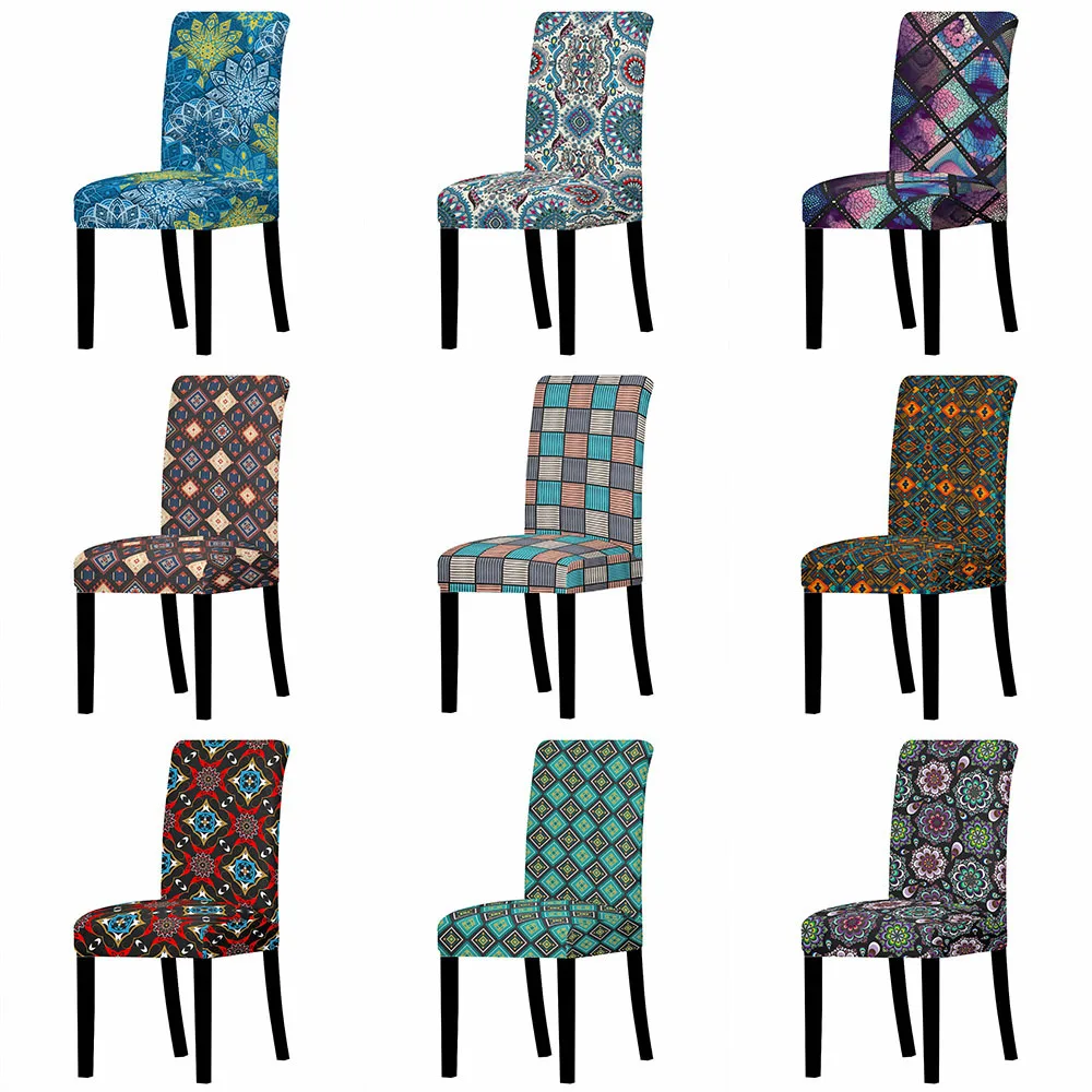

Check Series Mandala Print Stretch High Back Seat Cover Spandex Gaming Chair Protector Anti-dirty Dining Chair Cover Wedding