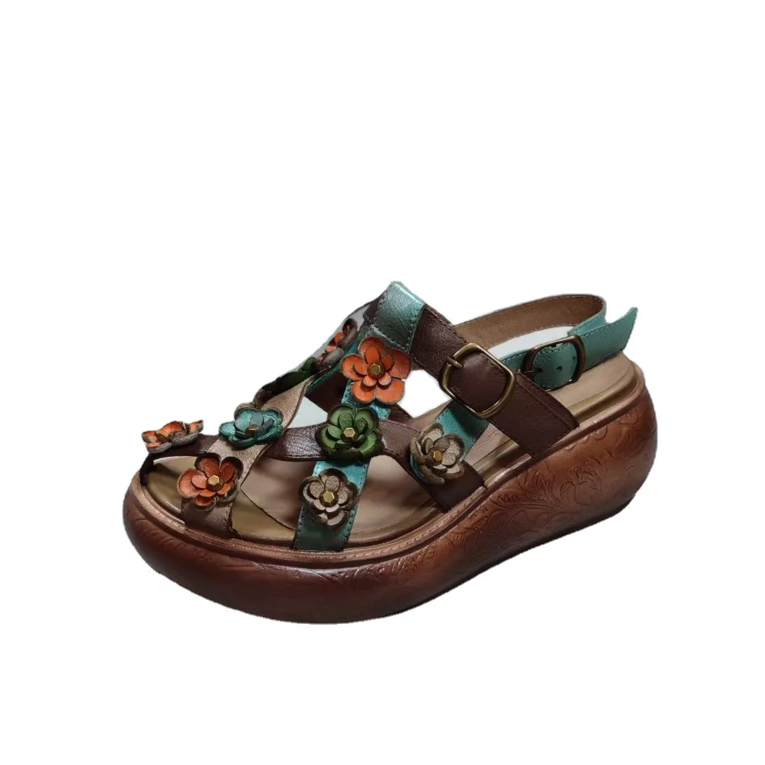 

Retro nostalgic summer women shoes cowhide platform flower women's sandals leather thick soles light comfortable Southeast Asia
