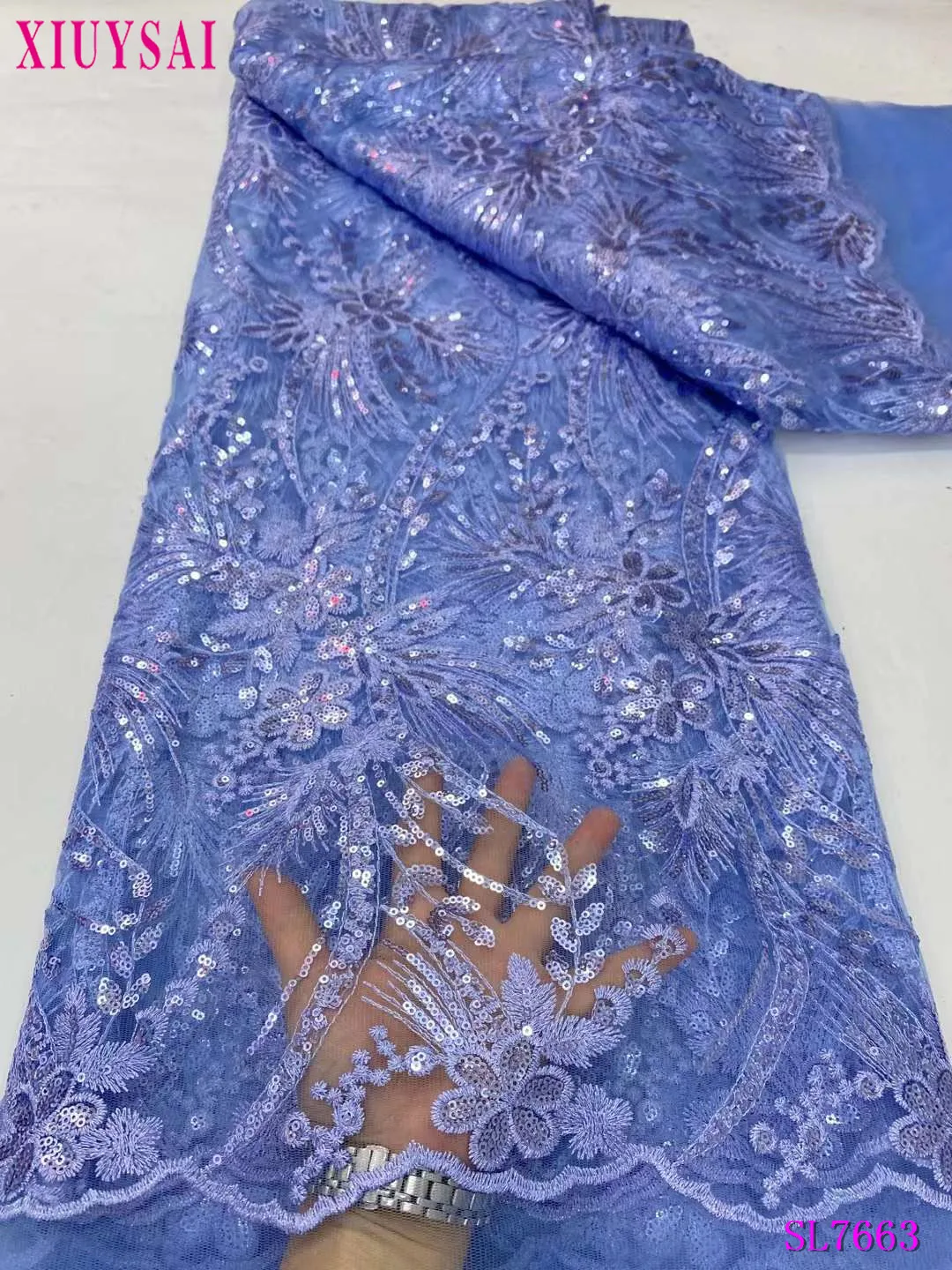 

Высококачественная африканская кружевная ткань, небесно-голубая французская сетчатая ткань с блестками, швейная вышитая кружевная тюль, нигерийская Кружевная Ткань 5 ярдов