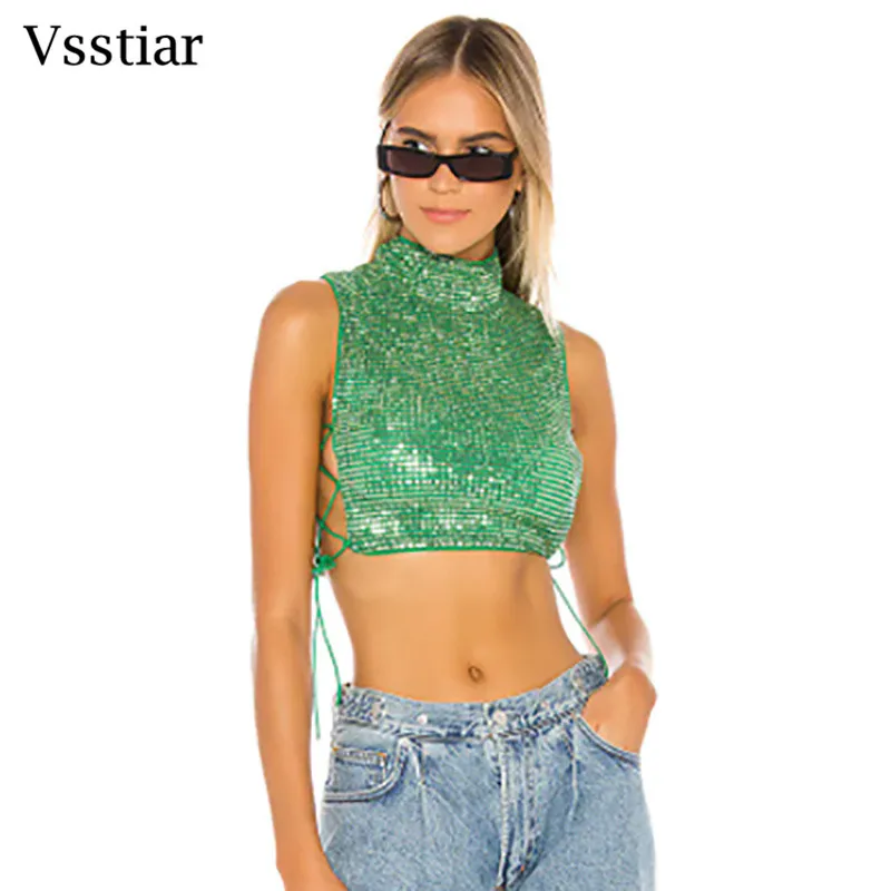 

Vsstiar 2022 Fashion Sequin Green Tank Top Side Bandage Sexy Tank Top Backless Party Nightclub Sexy Summer Camisole Top Women