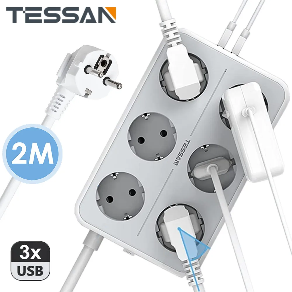 

TESSAN Electric Socket Power Strip with Switch 6 AC Outlets 3 USB Ports 2M Extension Cable EU Multi Plug Socket for Home/Office