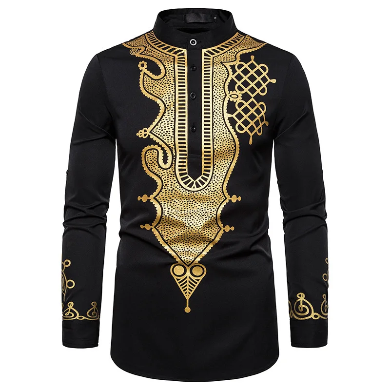 Men's casual fashion hot coating shirt totem long shirt Muslim straight shirt