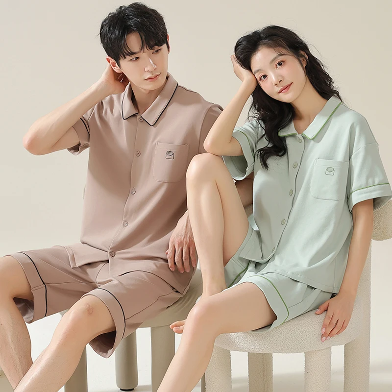 Новейший комплект пижам для пары летняя одежда сна из 100% хлопка с отложным