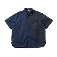 japanese loose fit stitching deconstruction fake two short sleeved shirt youth mens fashion navy summer shirt