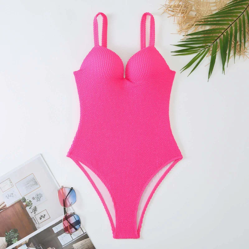 

2023 New Sexy One Piece Swimsuit Women Swimwear Textured Solid Bikini Bodysuit Beachwear Female Underwire Bathing Suit Brazilian