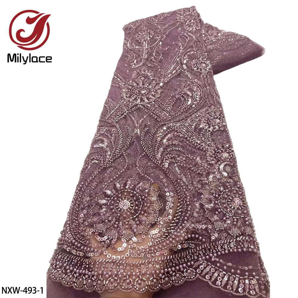 

Handmake Heavy African Lace Frabric High Quality French Tulle Lace Sequins Beaded Embroidered Lace Fabric for Dress NXW-493