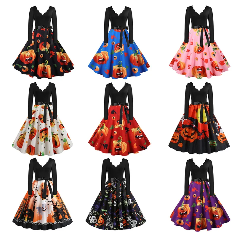 

Women's Novelty Dress Halloween Horror Mood Pattern Long Sleeve Dress Cosplay Costume