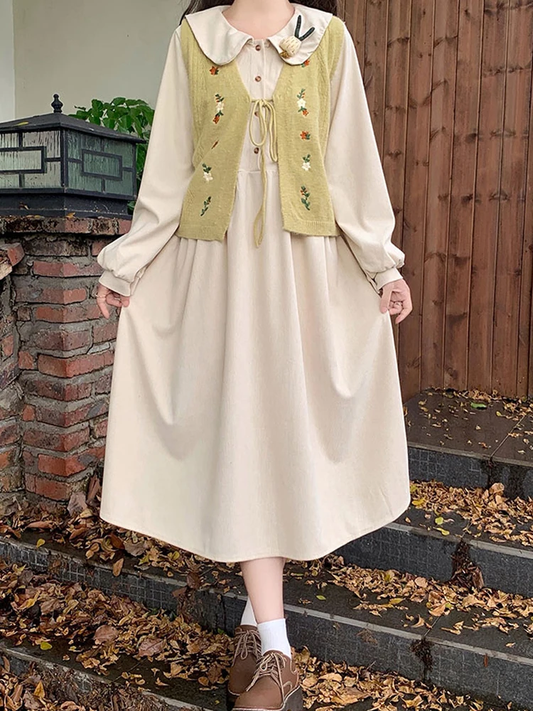 Женское вельветовое платье-рубашка с длинным рукавом и воротником Питер Пэн