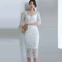 summer clothes new korean goddess temperament round neck slim fit medium and long stitched lace hip wrap fashion dress