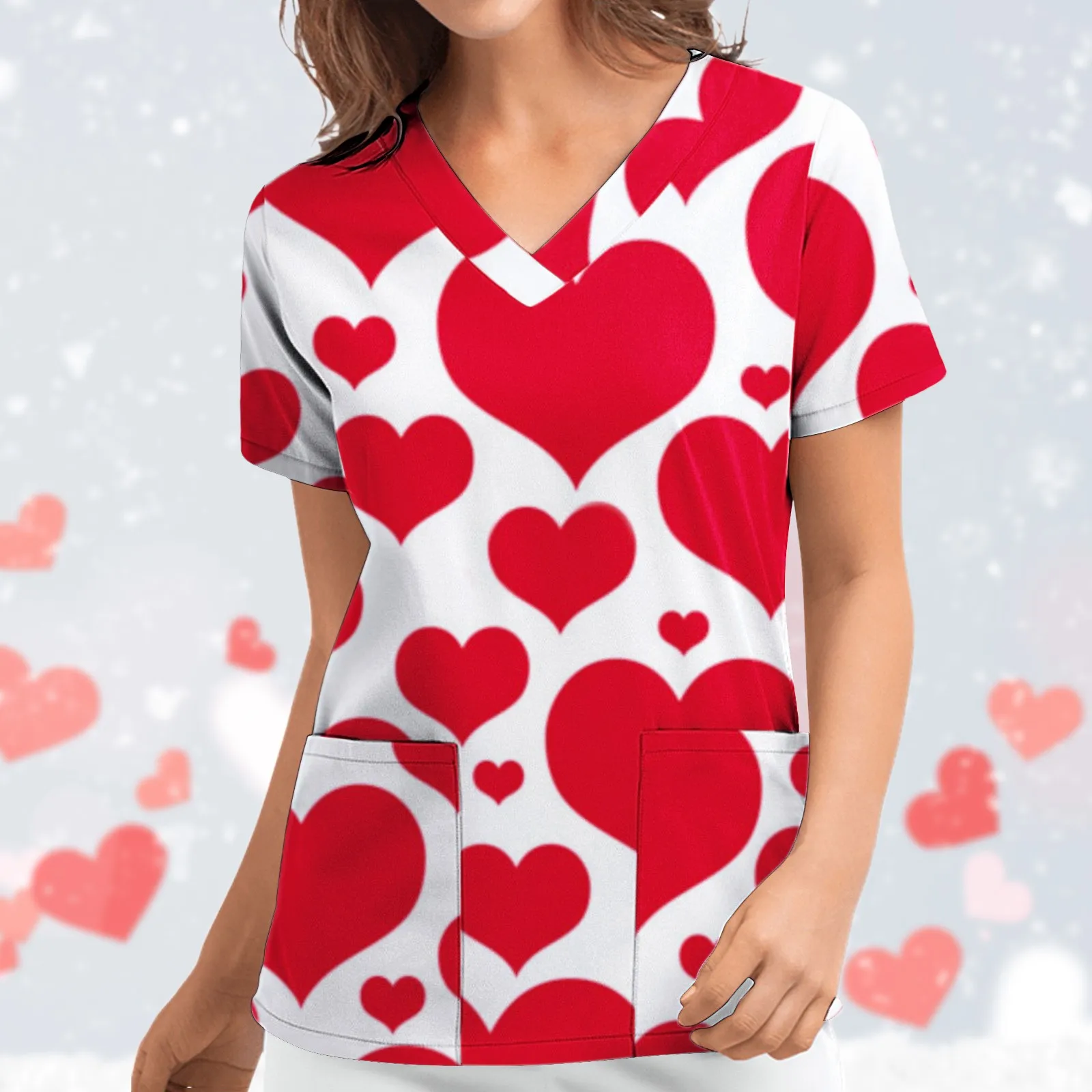 

Printed Working Blouses V-neck Day Uniforms Shirts Sleeve Valentine's Women's Tops Short Women's Blouse