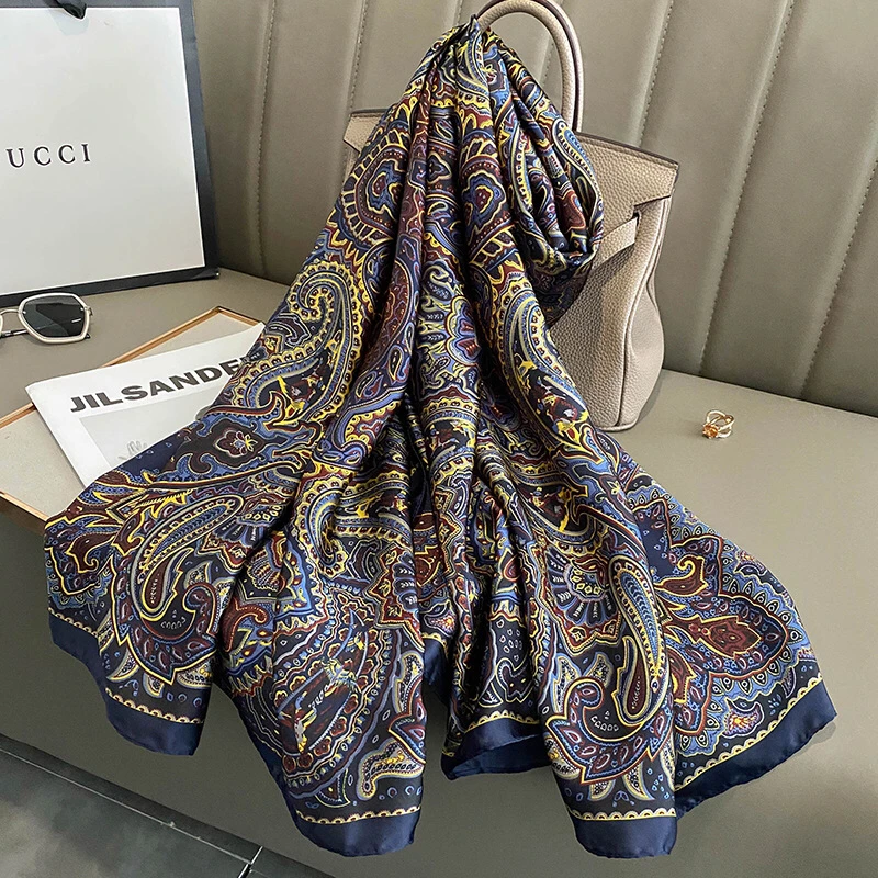 

Smooth Silk Scarf for Women Floral Print Elegant Pashmina Scarfs Female Foulard Hijab Luxury Shawls Beach Lady Stoles Scarve