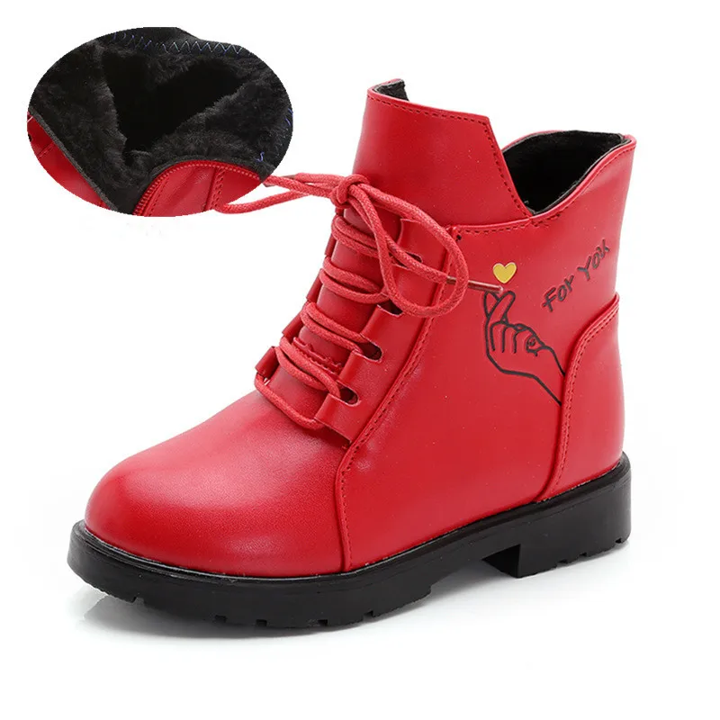 

Fashion Princess Snow Boots Autumn Winter Warm Plush Kids Leather Shoes Red Black Girls Boot Children Ankle Booties 3-15T
