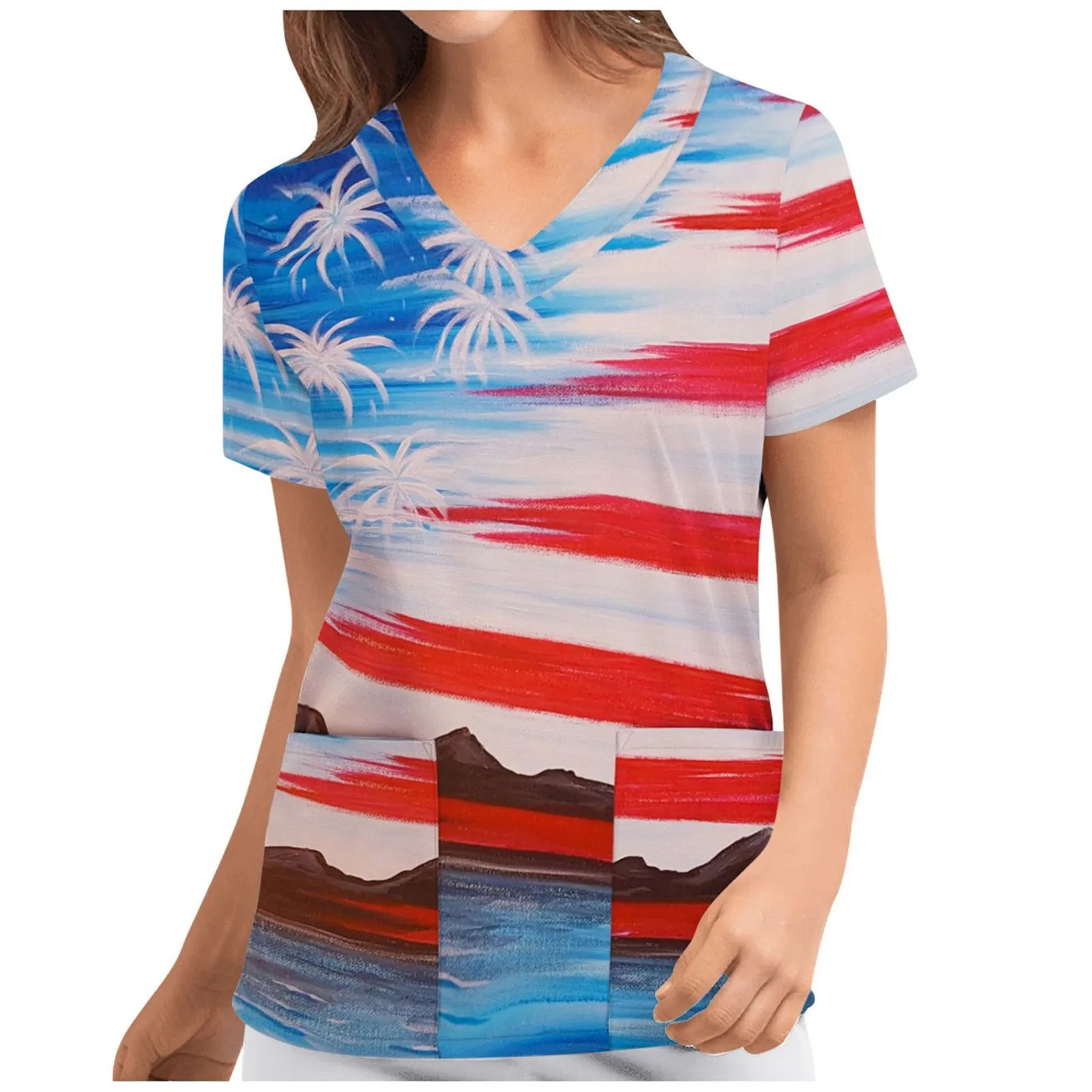 

Scrubs Top Women Fashion Women American Flag Print Short Workwear V Sleeve Tops Neck Pockets Working Blouse Shirt Uniform Nurse