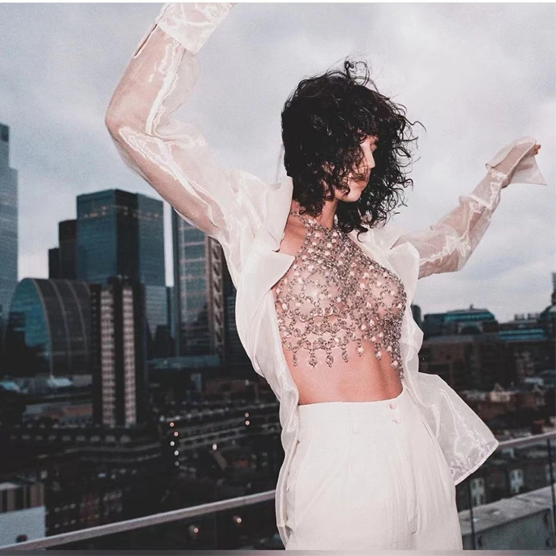 

Women Crystal Sequins Acrylic Y2k Tank Tops Sexy Hollow Out Backless See Through Metallic Halter Tassel Party Fashion Crop Tops