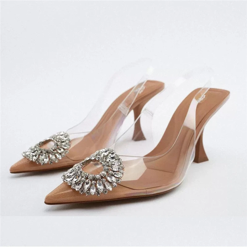 2022 Heels Luxury Rhinestone Party Wedding Bride Shoes Women High Heels Slingback Sexy Stiletto Transparent Sandals Ladies Pumps