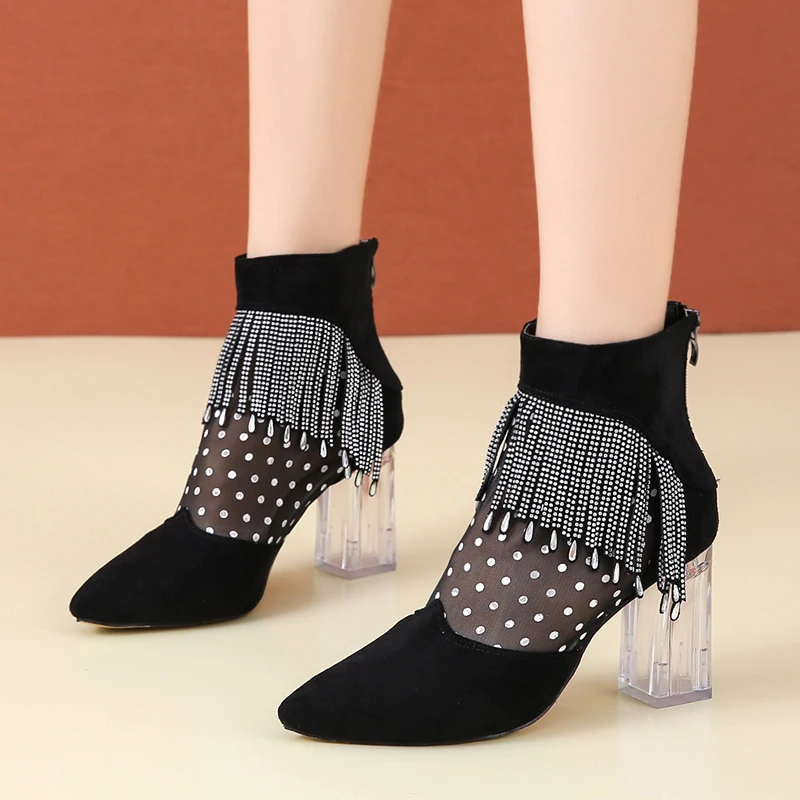 

2022 New Rhinestone Tassels Women High Heels Sandals BootsSexy Summer ShoesHolllow Out Ankle BotasPointed ToeDropship Zapatos