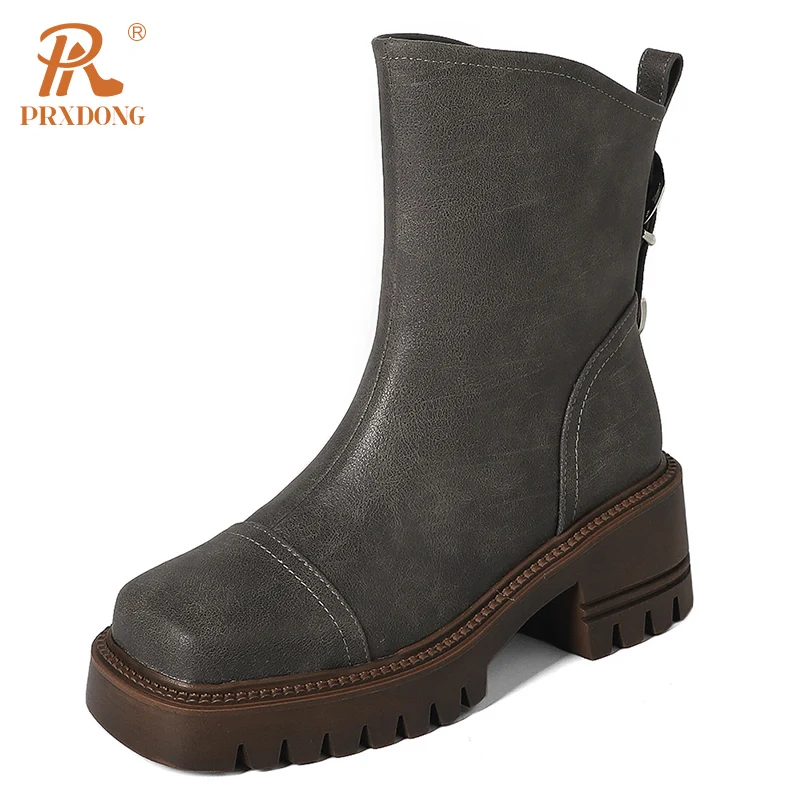 

PRXDONG 2023 Genuine Leather Women's Ankle Boots Chunky Heels Square Toe Black Brown Dress Casual Lady Chelsea Boots Size 34-39