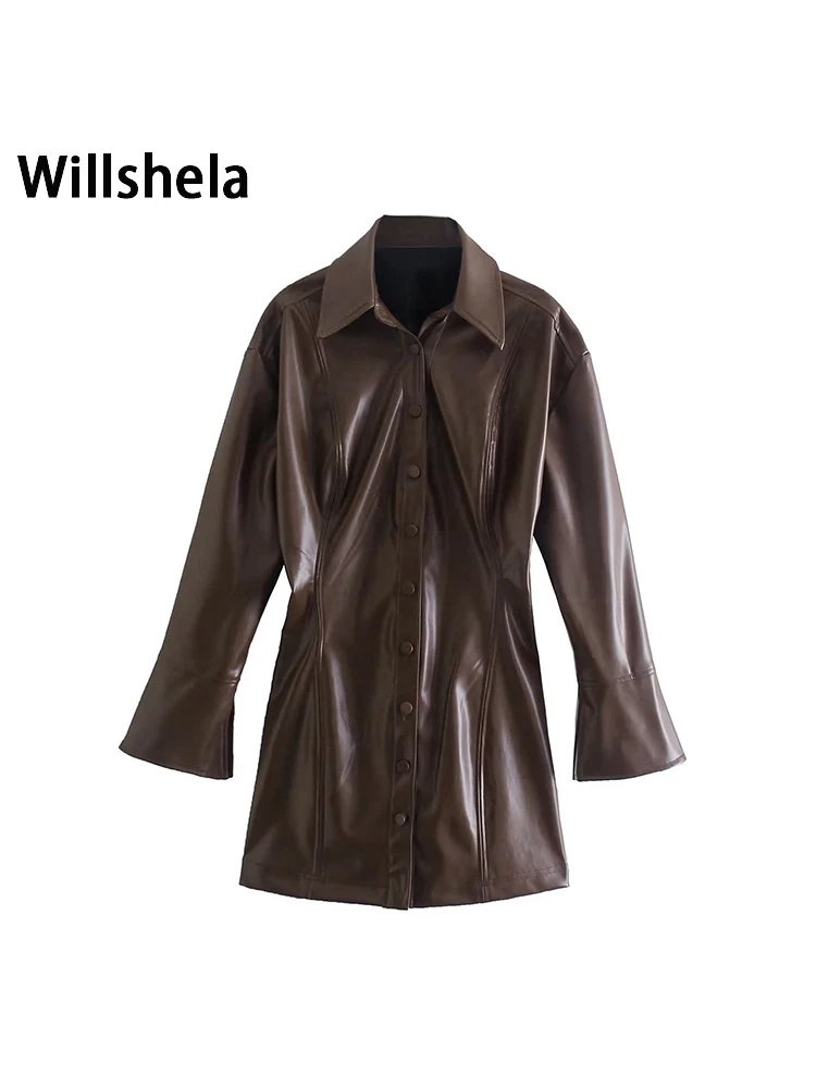 

Willshela женское модное однотонное однобортное мини-платье из искусственной кожи, винтажные женские платья с отворотом и длинными рукавами