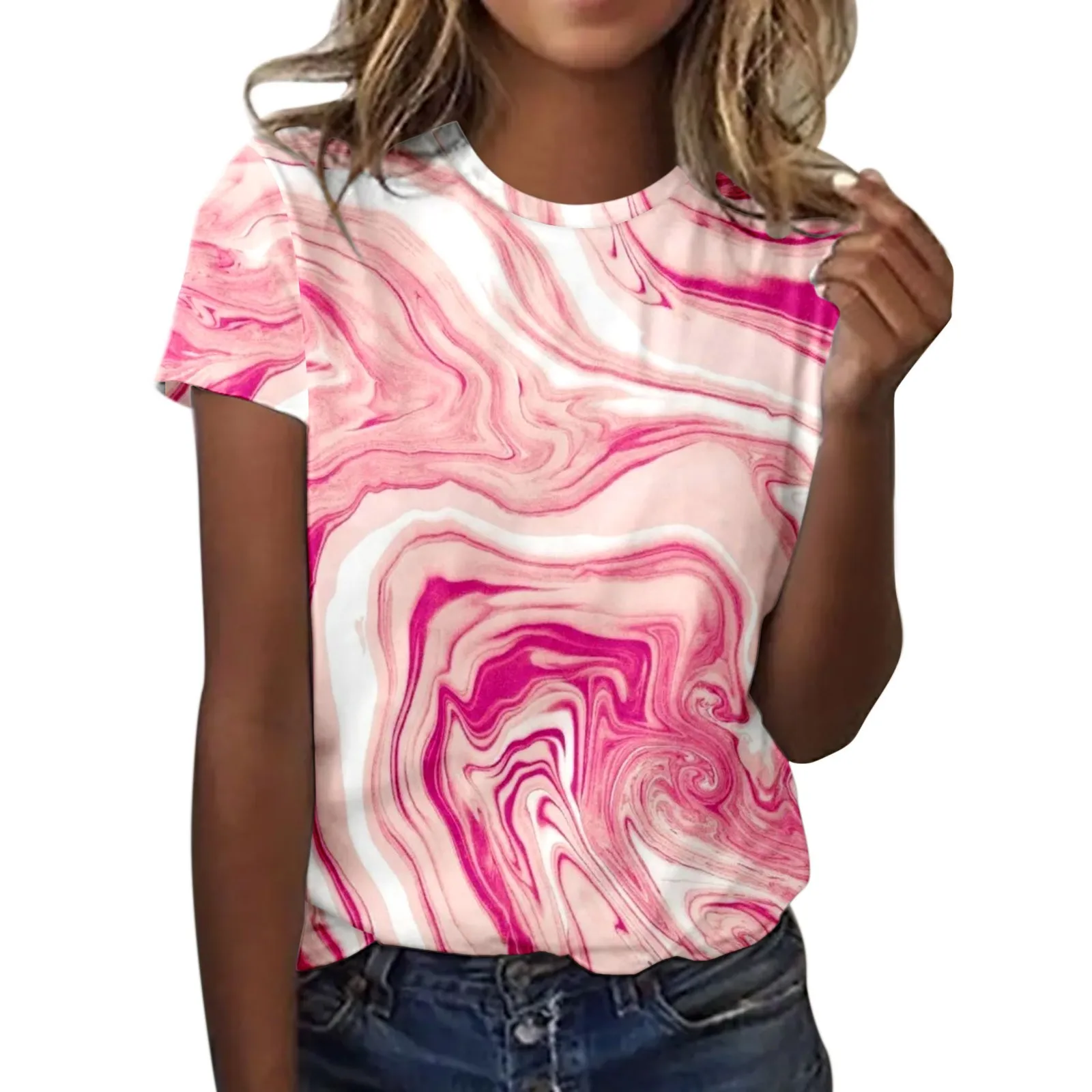 

Womens Spring Summer Flower Printed Short Sleeve O Neck T Shirt Top All- Pullover women Clothes Korean version