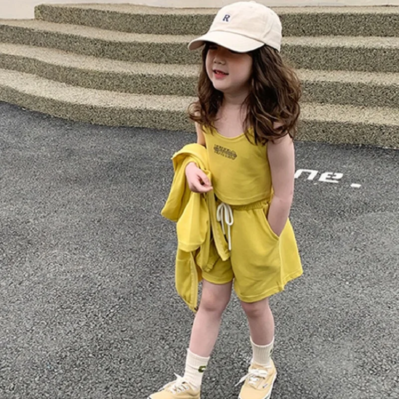 

2022 Summer New Girls' Sports Suits Western-Style Children'S Alphabet Vest Hooded Jacket Shorts Three-Piece Set