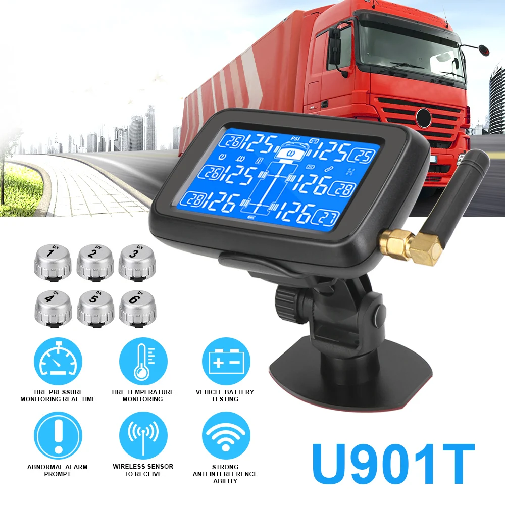 

Digital LCD Display Auto Truck BUS TPMS Replaceable Battery Car Wireless Tire Pressure Monitoring System with 6 External Sensors