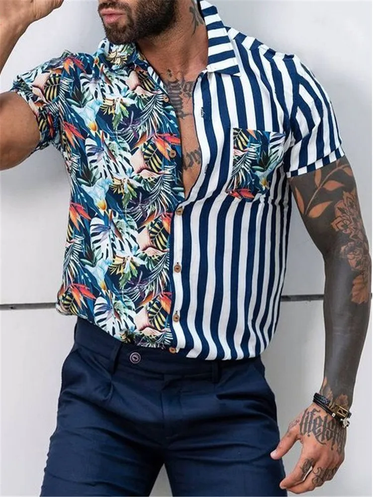 

2022 Fashion Luxury Social Men Shirts Turn-down Collar Buttoned Stripe Shirt Casual Print Short sleeves Tops Mens Clothes 5XL