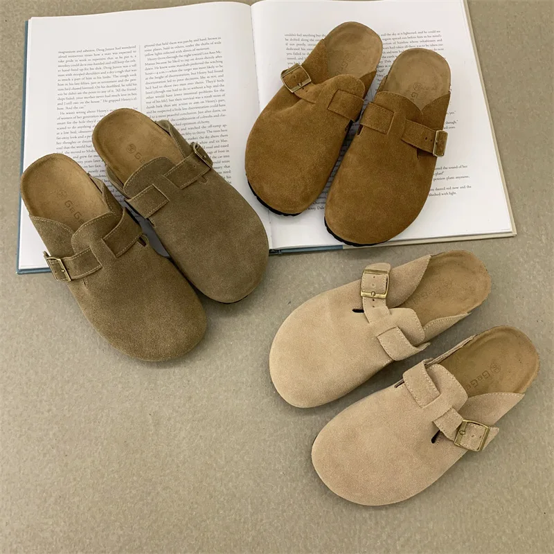 

Slippers Genuine Leather Round Toe Slippers Couple Slippers Man Outdoor Casual Sandals Women Suede Sandals Dull Polish Slippers