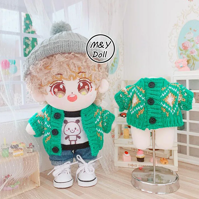 

20CM Doll Clothes Set DIY Idol Plush Toy Lisa Dolls Accessories Green Sweater Cardigan Xiao Zhan Wang Yibo Jungkook Collectible