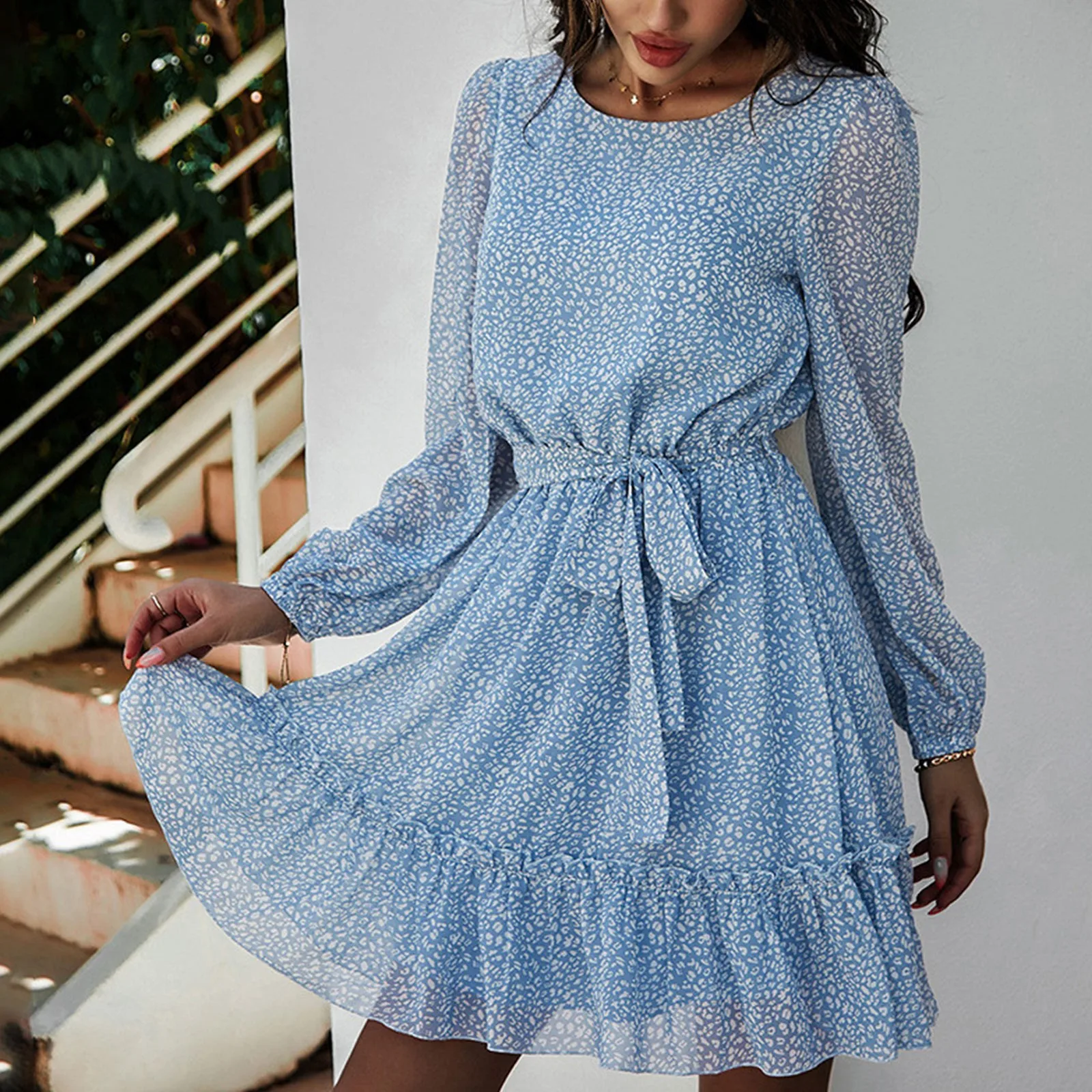 

Fashion Women's Long Sleeve Dot Printed Ruffle High Waist Lace-Up Belted Chiffon Comfortable Beach Party Mini Dress Vestidos#g3