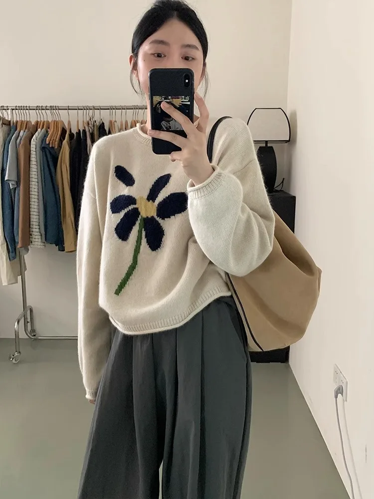 

Flowers Knitted Sweater Loose Female Hoodies O-neck Autumn Winter New Basic Simple Women Hoodies Casual Street Top