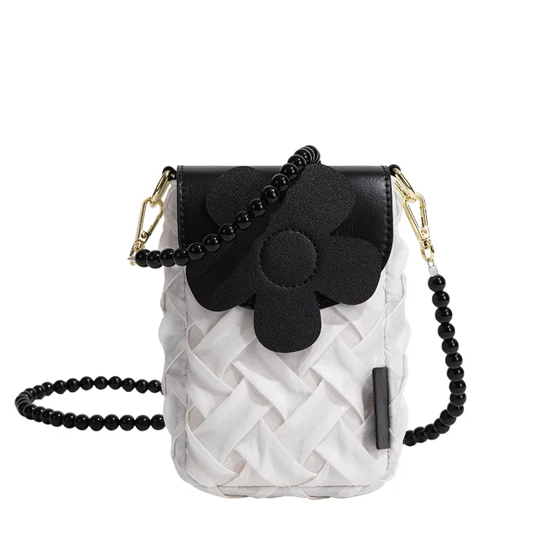 

Luxury Handbags Silk Pleated Phone Bags for Women 2022 New Fashion Shoulder Messenger Bag Ladies Pearl Chain Small Square Bag