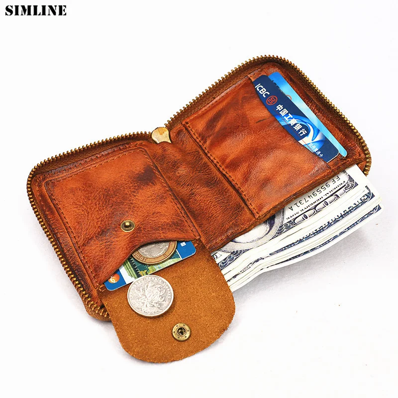 

Genuine Leather Wallet For Women Men Vintage Handmade Short Small Bifold Zipper Men's Purse Credit Card Holder With Coin Pocket