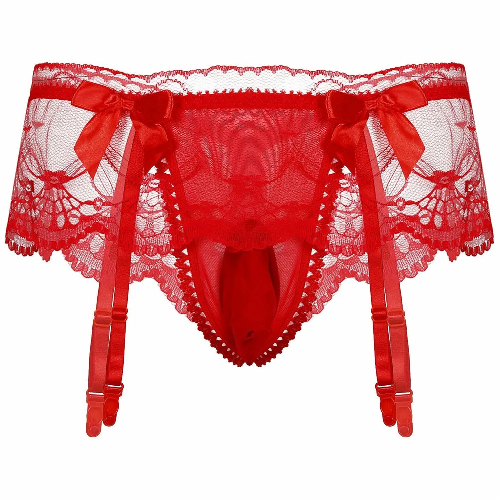 

Pink/Black/White/Red Mens Sexy Sissy Lingerie Panties Underwear See Through Lace Breathable Briefs With Garter Sexy