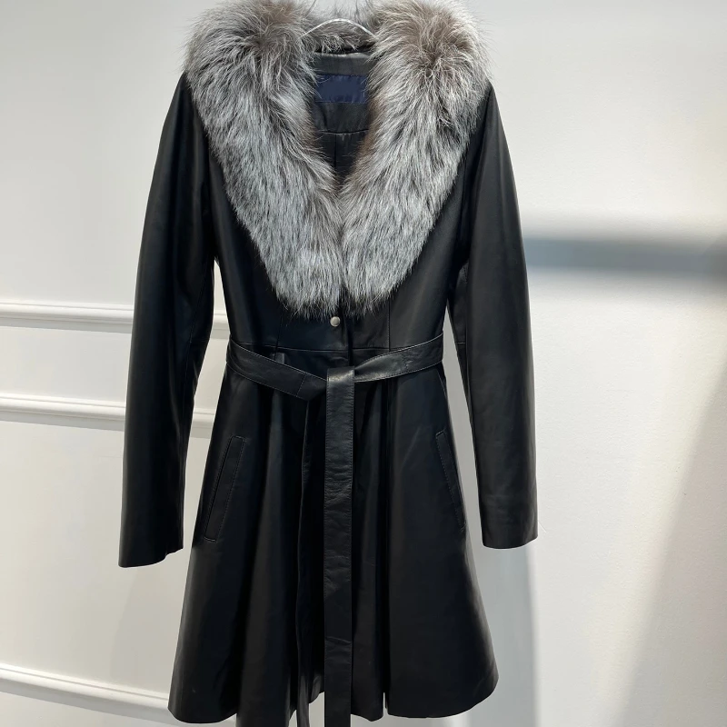 Sheepskin Luxury Long Leather Ladies Black Jacket New 2022 Winter Collection Vintage Warm Coat with Belt for Women