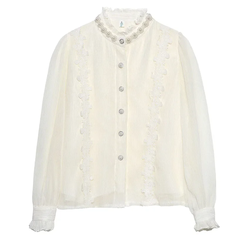 Осенняя модная женская рубашка с длинным рукавом и воротником-стойкой шифоновая