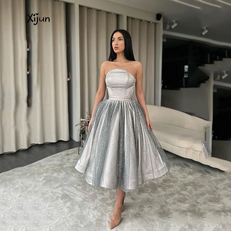 

Xijun Glitter Tulle A Line Prom Dresses Gorgeous Tea Length Sparkly Beading Evening Gowns Saudi Arabia Arabic Vestidos De Gala