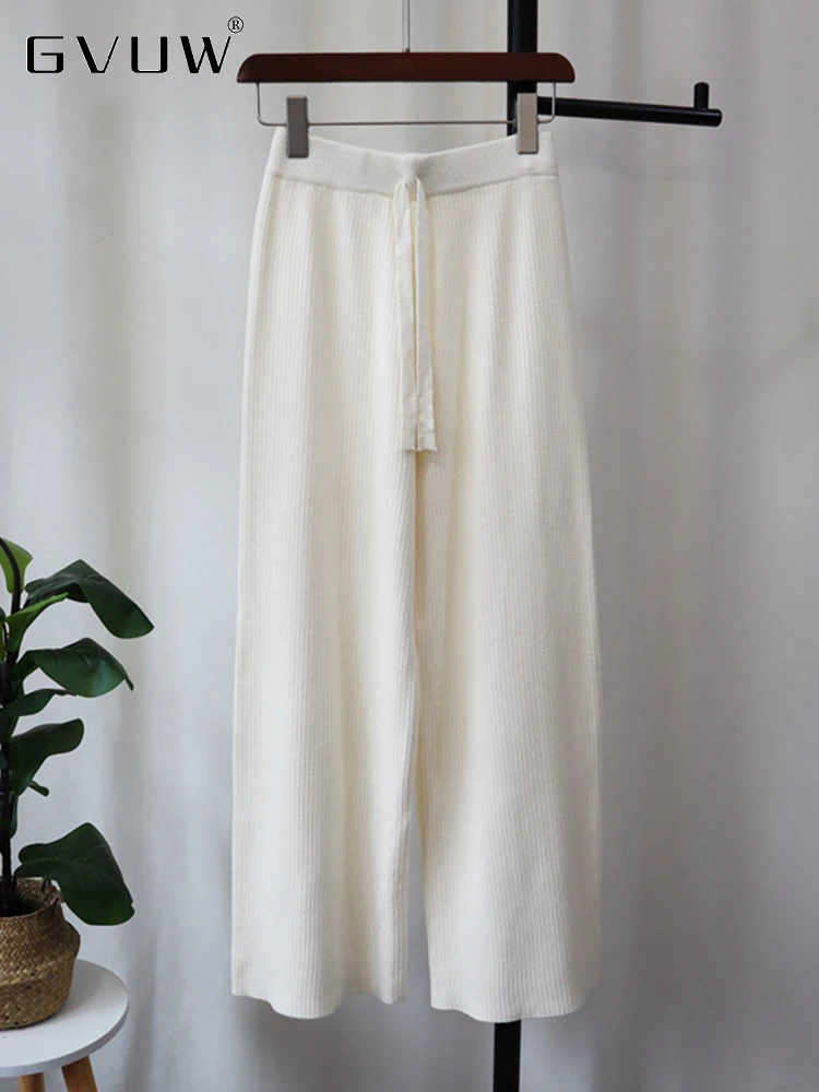

GVUW Drawstring Knitted Wide Leg Pants Women's 2023 Autumn New High Waist Loose lace-up Casual Straight Trousers Female 17G2186