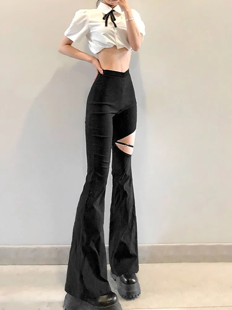 

Women Clothes Hip Wrap Solid Color Black Bell Bottomed Pants Spring Summer Hole Hollow Out Asymmetrical Capris Casual High Waist