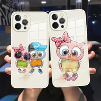 lovely the owl tempered glass phone cases for iphone 12 13 mini 11 12 13 pro max xs xr 7 8 plus cartoon white protective sleeve