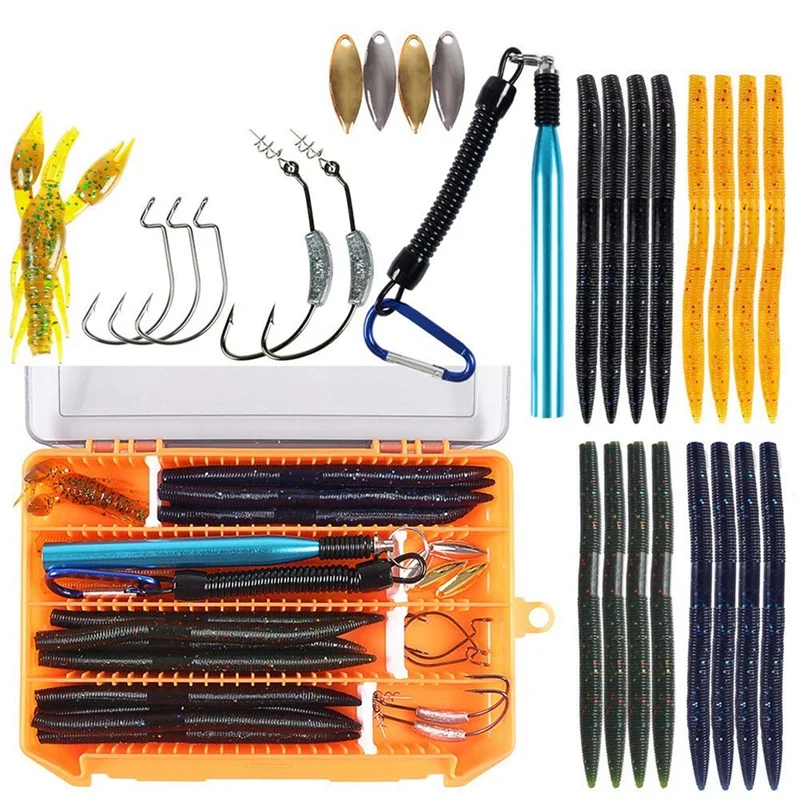 

Fishing Worm Bait Bass Lures Kit Fishing Accessories Set Silicone Wacky Rig Hammer Shrimp Crank Hook With Storage Box