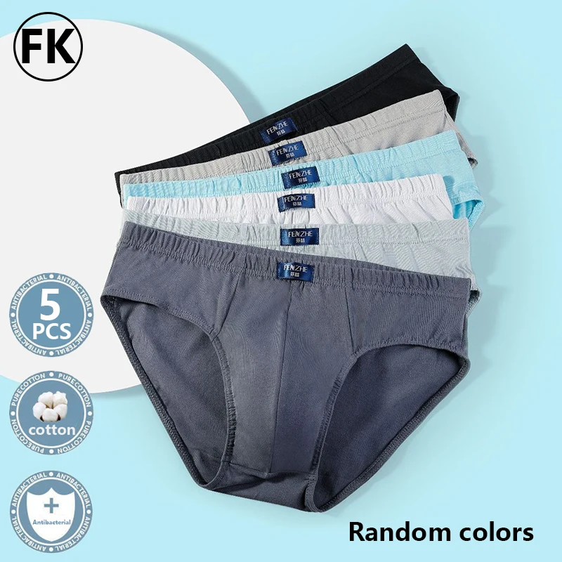 FK 5pcs 100% Cotton Briefs Underpants Shorts Triangular Men Pants Brief Pants Sexy Solid Color Underwear L-5XL Free Shipping