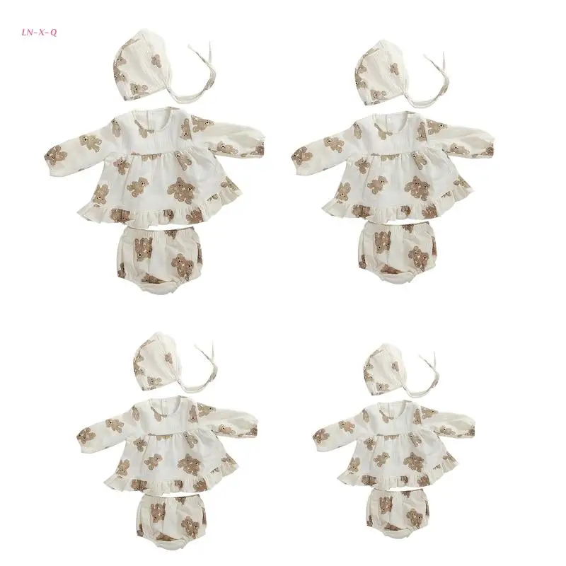 

51BA Infant Outfit Clothing Set 3-Pieces Suit 0-2Years Old Girls Dress Shorts for Baby Girl Boy Organic Cotton Bear Print