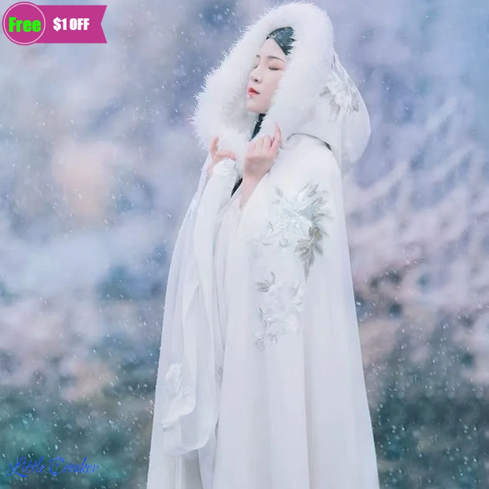 

Hanfu Female Fur Collar Long Thick Woolen Coat Chinese Style Hooded White Cloak Traditional Chinese Long Coat for Women