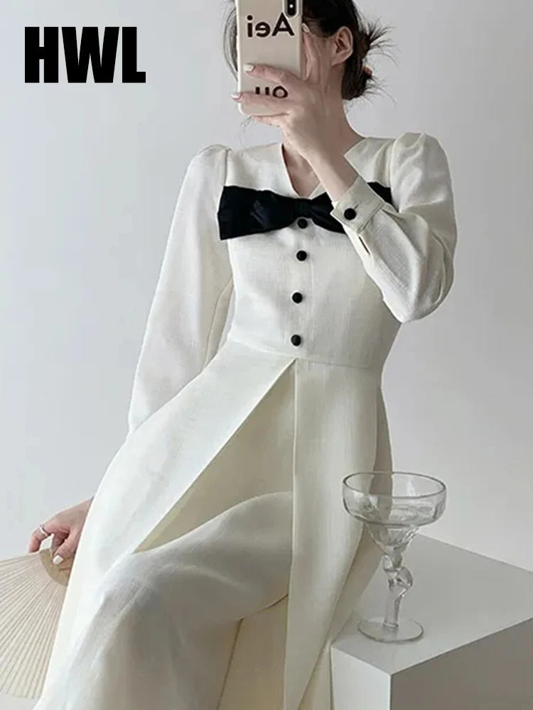 

Spring Autumn New Long-Sleeved Fragrance Dresses Women's Cotton High Waist Luxury Bow Long Work Dress