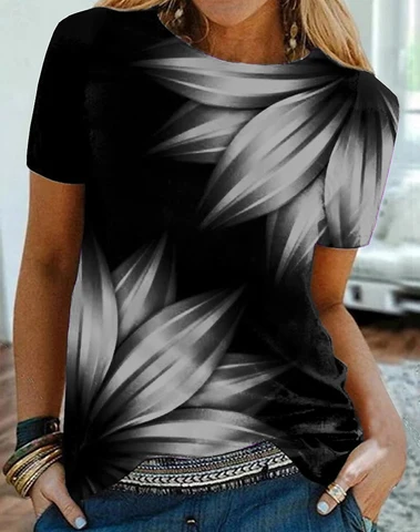 2022 Летняя женская футболка с абстрактным изображением листьев, базовые винтажные топы свободного кроя с круглым вырезом и абстрактным принтом