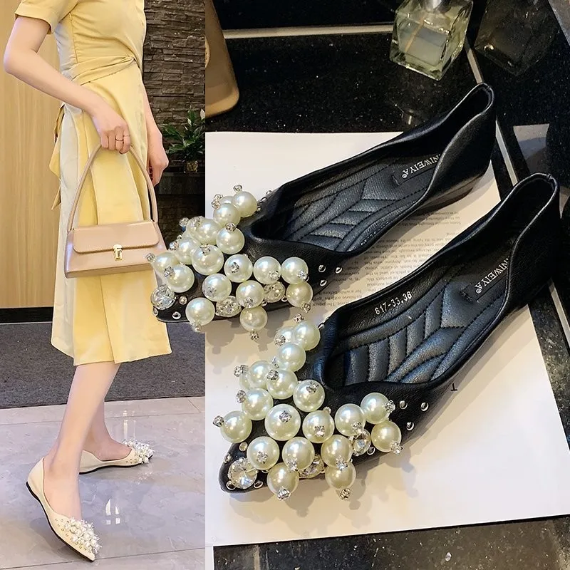 2023 New Pearl Pointed Toe Shallow Women Shoes Zapatos De Mujer Spring Casual Shoe PU Leather Slip on Basic Flats Casual