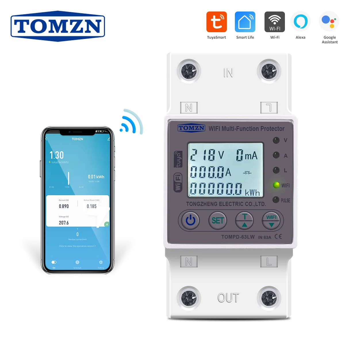Умный переключатель smartlife 1P + N 63 А Wi-Fi измеритель энергии в кВтч измеряемая цепь